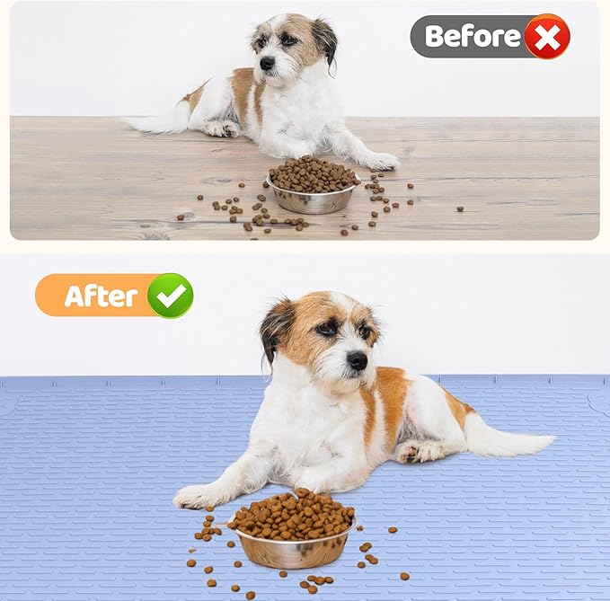 Bartuke Dog Food Mat, Extra Large 34" x 22" Silicone Pet Feeding Mat with Raised Edge Pet Placemat for Small, Medium, and Large Pets Non-Slip, Easy to Clean (Blue)