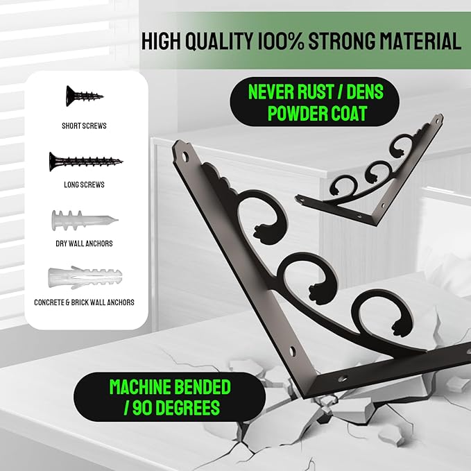 L Shelf Brackets for 12" - 14" Board, Floating Shelf Bracket Heavy Duty Metal Shelving Brackets for Shelves, Decorative Iron Rustic Wall Brackets for DIY Floating Shelf, 6 Pack Black