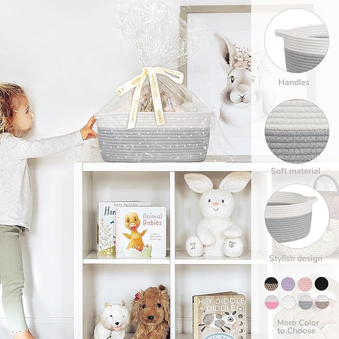 CHICVITA Gift Basket Empty to Fill, Woven Baskets for Storage, Rope Decorative Baskets with Gift Bags & Ribbon for Baby Girl, Dog Toy Storage, 13.6"x 10" x 6", Grey