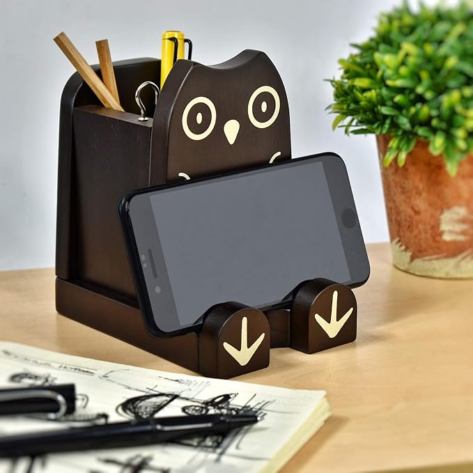 I'm Wood Multipurpose Eyeglass Phone Pen & Pencil Holder Stand Stationery Desk Box Organizer Accessories, Home Office Desktop Decor Birthday Graduation Gifts “Dream Big Aim High” (Owl)