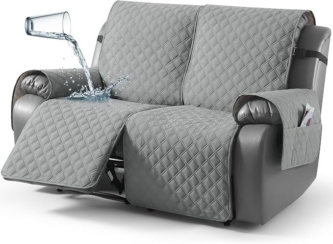 TAOCOCO 100% Waterproof Recliner Couch Covers, Recliner Sofa Covers with Leg Straps, 1-Piece Washable Reclining Sofa Cover with Pocket Couch Protector for Pets Kids(2 Seater, Light Gray)
