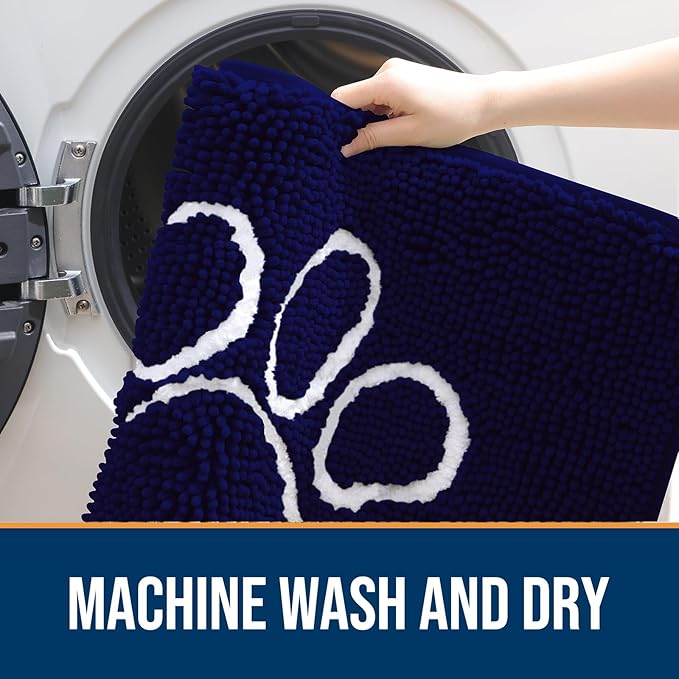 OLANLY Dog Door Mat for Muddy Paws 30x20, Paw Print Design, Absorbs Moisture and Dirt, Absorbent Non-Slip Washable Doormat, Quick Dry Chenille Mud Mat for Dogs, Entry Indoor Entryway Carpet, Navy Blue
