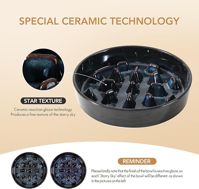 3.2 Cup Ceramic Dog Raised Slow Feeder Set, Elevated Bowl with Wooden Stand for Large Dog, 9.5inch Slow Feeder Dish for Fast Easters(Starry Sky, Single Bowl+ Stand)