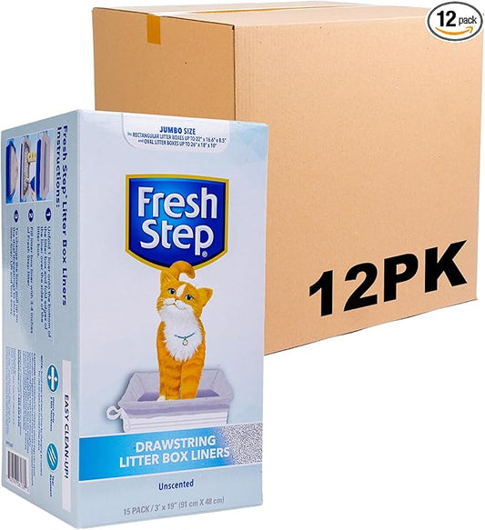 Fresh Step Jumbo Drawstring Cat Litter Box Liners, Unscented Heavy Duty Kitty Litter Bags for X-Large Oval or Rectangle Pans, Helps Contain Mess, Easy Lift Out Cleanup, 36 x 19 in, 15 Count - 12 Pack