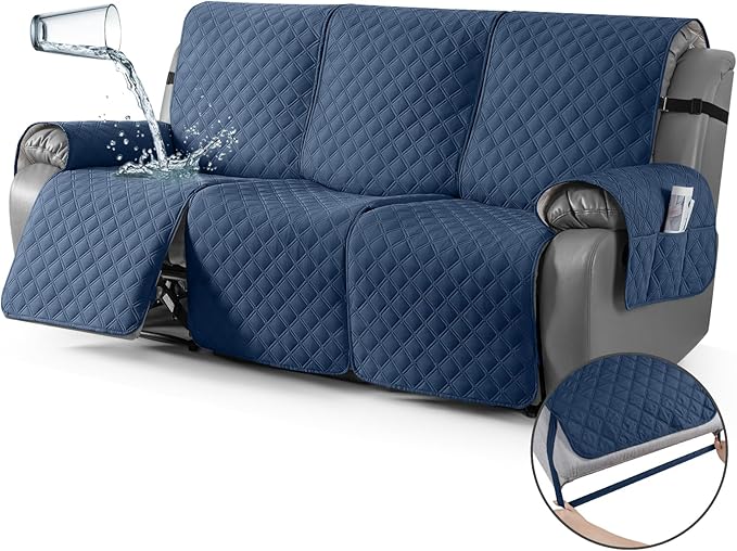 TAOCOCO 100% Waterproof Recliner Couch Covers, Recliner Sofa Covers with Leg Straps, 1-Piece Washable Reclining Sofa Cover with Pocket Couch Protector for Pets Kids(3 Seater, Ocean Blue)