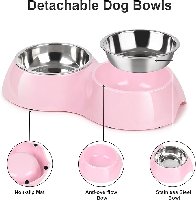 Petvillage Stainless Steel Dog Bowls Set – Dual Non-Slip Pet Dishes with 2 Small (4oz*2) Bowls & Durable Resin Stand,Food & Water Feeder for Kittens– Pink