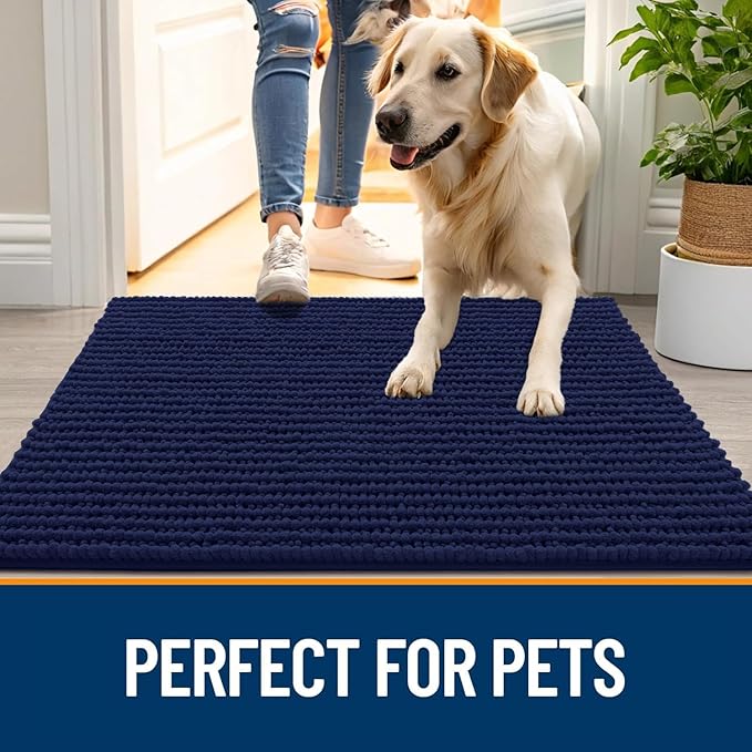OLANLY Dog Door Mat for Muddy Paws 44x24, Ultra Absorbent Chenille Mud Doormat, Non-Slip Washable and Dirt Trapping Doormat for Indoor Entryway, Quick-Dry Indoor Pet Bed Mats for Dogs, Navy Blue