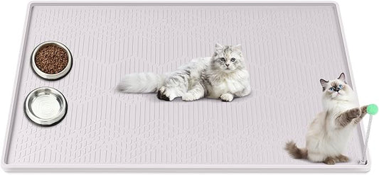 Cat Food Mat with Toy Ball, 34'' x 22'' Extra Large Silicone Pet Feeding Mat with Raised Edge Pet Placemat for Food and Water Bowl Non-Slip, Easy to Clean, Floor Protection (White)