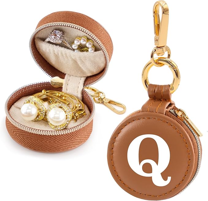 Mini Initial Travel Jewelry Case Ring Holder, Brown Faux Leather Small Jewelry Organizer Box Gifts for Women Girls Nurse Teacher, Gym Travel Accessories Keychain Pouch for Earrings Rings Necklace Q