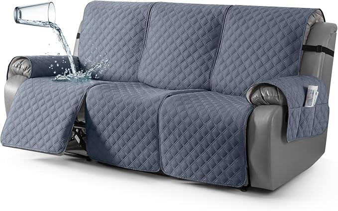 TAOCOCO 100% Waterproof Recliner Couch Covers, Recliner Sofa Covers with Leg Straps, 1-Piece Washable Reclining Sofa Cover with Pocket Couch Protector for Pets Kids(3 Seater, Bluish Grey)