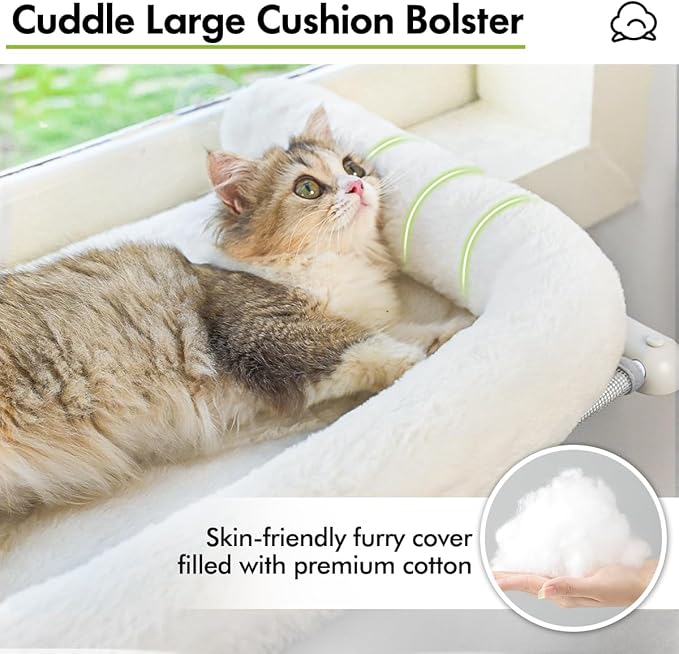 Zoratoo Cat Window Sill Perch with Large Bolster, Easy to Adjust & Assemble Cat Window Seat for Windowsill & Bedside, Pet Hammock Bed for Large Cats and Kittens (White, M)