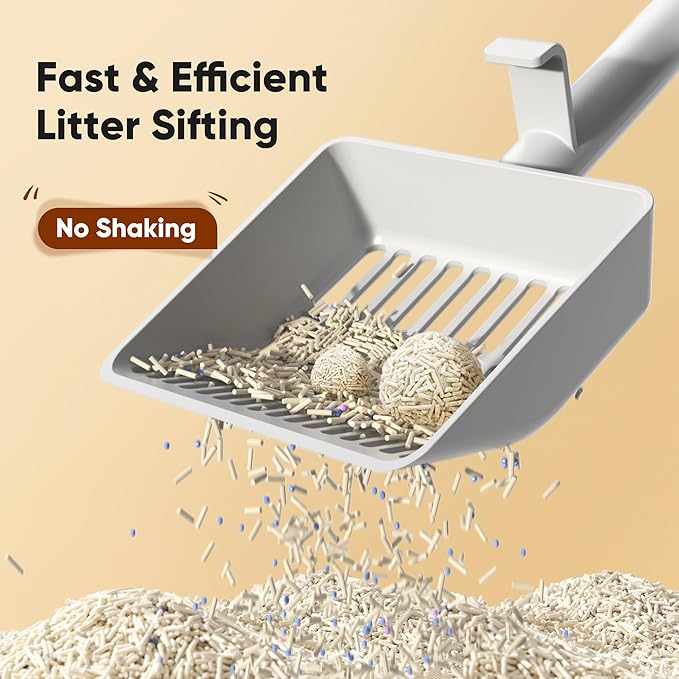 KooMooM Large Cat Litter Scoop, Heavy-Duty Litter Scoop with Dual Sifting Holes for Fast & Fine Clumping, Kitty Litter Scooper with Long Handle & Easy-to-Hang Hook for Litter Box