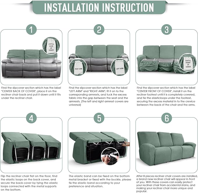 TAOCOCO Recliner Sofa Covers 8-Pieces Stretch Large Couch Covers for 3 Seats Reclining Slipcovers Soft Jacquard Pattern Furniture Protector (Sage Green)