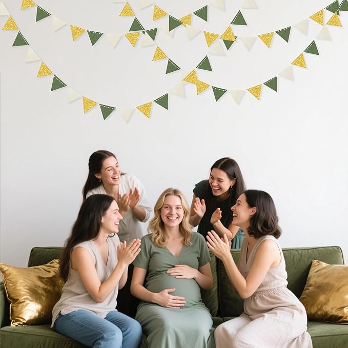 Sage Green Gold Party Decorations Oilve Green Beige Gold Glitter Felt Triangle Mini Banner Bunting Pennant Flag for Baby Shower Birthday Wedding Jungle Woodland Safari Party Nursery Classroom Decor