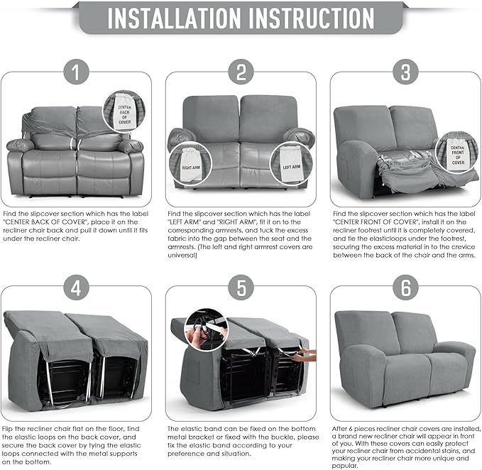 TAOCOCO Recliner Loveseat Slipcover, 6 Pieces Dual Recliner Sofa Covers for 2 Seat Dual Reclining Loveseat Couch, Stretch Soft Jacquard Pattern Furniture Protector with Elasticity (2XL, Dusty Grey)