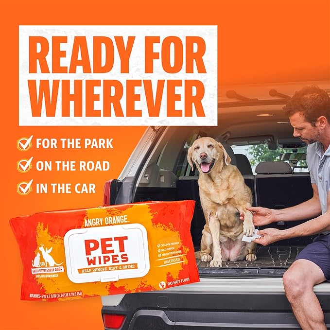 Angry Orange Unscented Pet Wipes - Hypoallergenic & Fragrance-Free With Aloe & Chamomile - Thick Grooming Wipes for Paws, Fur, Butt - Safe for Dogs & Cats, Gentle for Sensitive Skin - 80 Count, 1 Pack