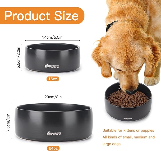 Ceramic Dog Bowls, 2 Large Spill Resistant Modern Pet Feeding Bowls for Small & Large Dogs (Black, 5.5+8Inch)