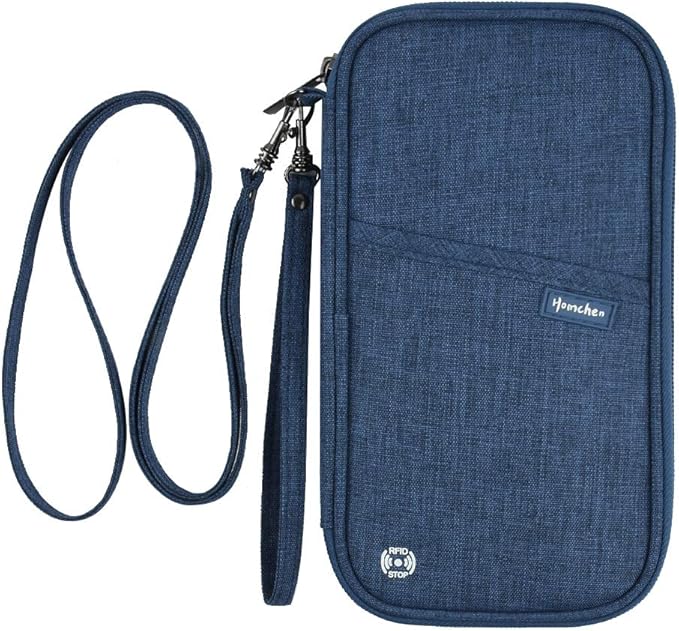 RFID Passport Wallet with Vaccine Card Slot, Family Travel Passport Holder Document Organizer Bag with Wrist & Neck Double Strap