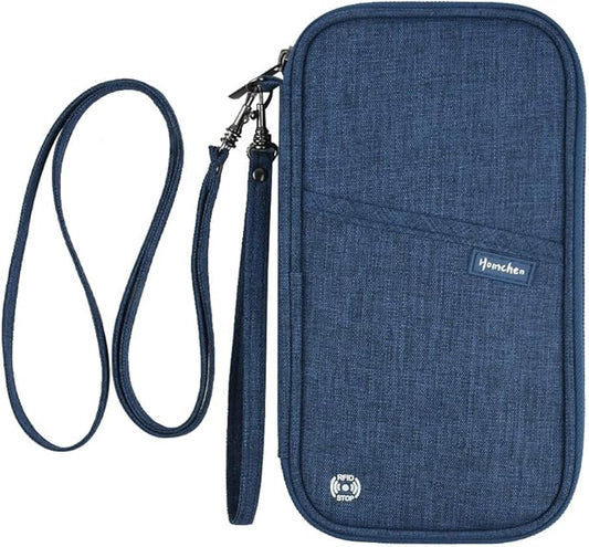RFID Passport Wallet with Vaccine Card Slot, Family Travel Passport Holder Document Organizer Bag with Wrist & Neck Double Strap