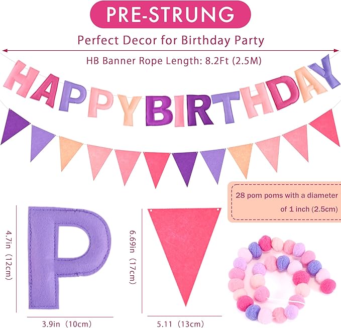 CANREVEL Pre-Strung 3D Happy Birthday Banner, 3 PCS Pink and Purple Happy Birthday Felt Garland, Pom Pom Garland, Triangle Fabric Bunting, Reusable Purple and Pink Decorations for Girls Women