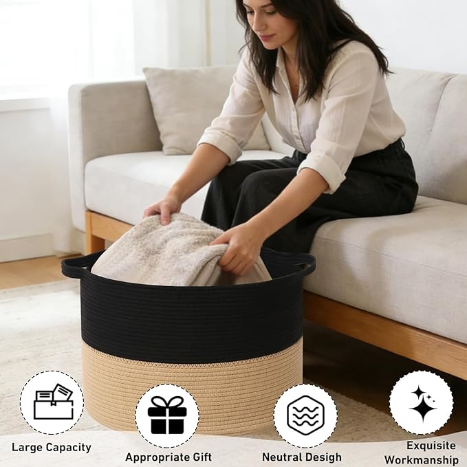 65L Extra Large Woven Cotton Rope Blanket Basket with Handles, Laundry Hamper Storage Bin for Pillows, Comforters,Clothes, Toys, Nursery, Bedroom and Living Room Organization,Black&Camel