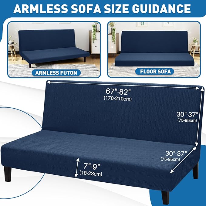 ZNSAYOTX Stretch Fit Futon Cover (67"-82") Armless Futon Sofa Bed Slipcover with Elastic Band, Universal Foldable Sofa Mattress Protector Full Queen Size, Washable Comfort Jacquard (Navy Blue)