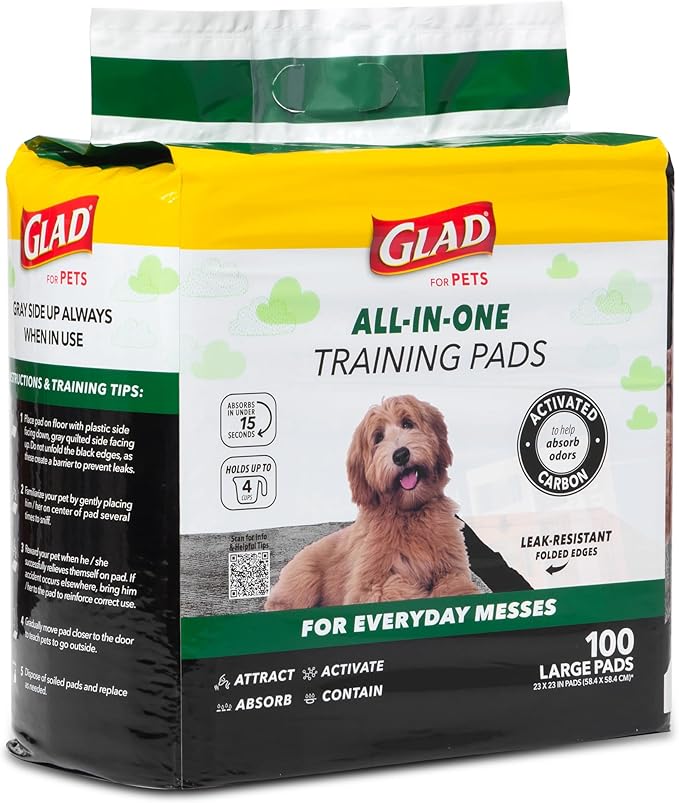 Glad for Pets Black Charcoal Puppy Pads, 6-Layer Leak-Proof Design with Activated Carbon Odor Control and Pheromone Attractant, Disposable Dog Pee Pads for Potty Training, 23 x 23 in, 100 Count - 2 Pk