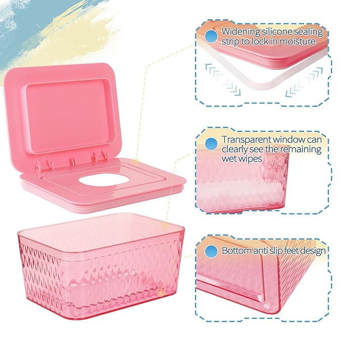 Whiidoom Wipes Dispenser, One-Handed Operation Wipe Holder for Baby & Adult, Seal-Designed Wipes Container for Bathroom Keep Diaper Wipes Fresh (2 Pack Pink)