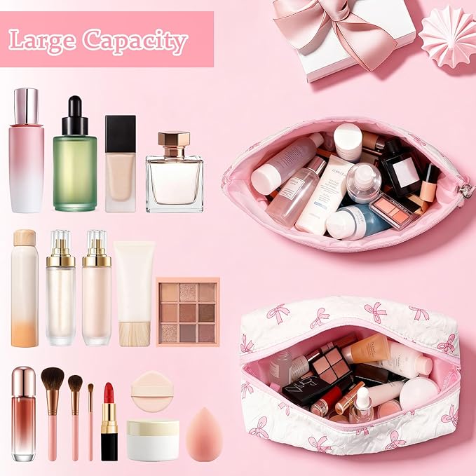Initial Makeup Bag, Christmas Gifts for Women Teens Girls Birthday Gift Personalized Bow Cosmetic Bag, Quilted Cosmetic Travel Toiletry Pouch, Cute Makeup Organizer Teen Girl Gifts Trendy Stuff, M