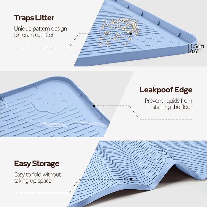 Bartuke Cat Litter Mat, XXL Extra Large 50" x 35" Silicone Mat Litter Trapping Mat for Scatter Control, Soft on Kitty Paws, Easy to Clean (Blue)