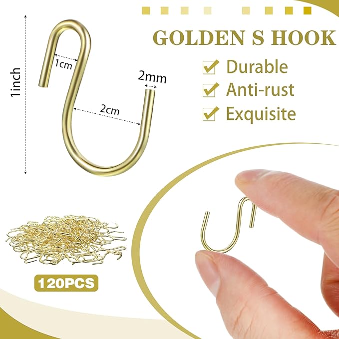 Sratte 120 Pieces Small S Hooks for Hanging Heavy Duty Mini S Shaped Metal Hook Hanger Ornament Storage Hooks for Plants DIY Craft Hanging Pot Jewelry Key Chain Tags Kitchenware(Gold, 1 Inch)