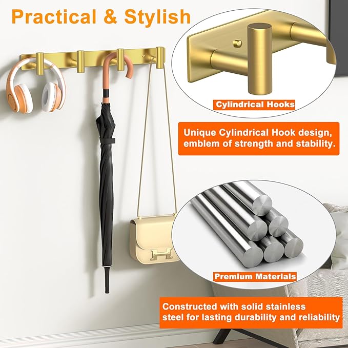 VINHOLD Wall Mounted Coat Rack-4 Hooks, Heavy Duty Stainless Steel Wall Hooks for Towel Coat Bag, Hat Rack Coat Hanger Coat Hooks Towel Racks for Bathroom Entryway Kitchen Hotel Office (Gold, 1 Pack)