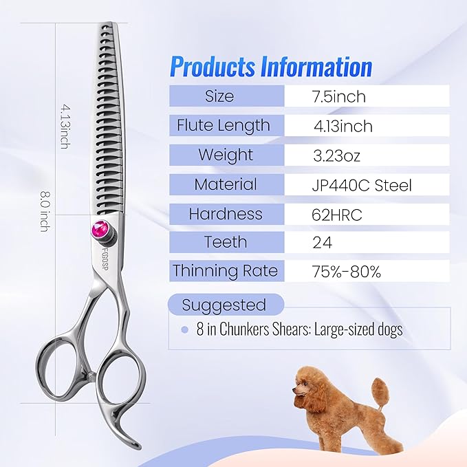 Chunkers Dog Grooming Scissors 8 in Professional Thinning Shears for Dogs Pet Grooming Scissors Chunkers Shears Dog Grooming Japan 440C 70% Thinning Rate 24 Teeth(8'',Chunkers)