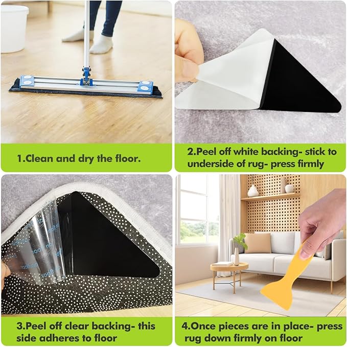 [12PCS] Non Slip Rug Grippers, Rug Pads Grippers, for Hardwood Floors and Tile,Easily Peel Off (Black)