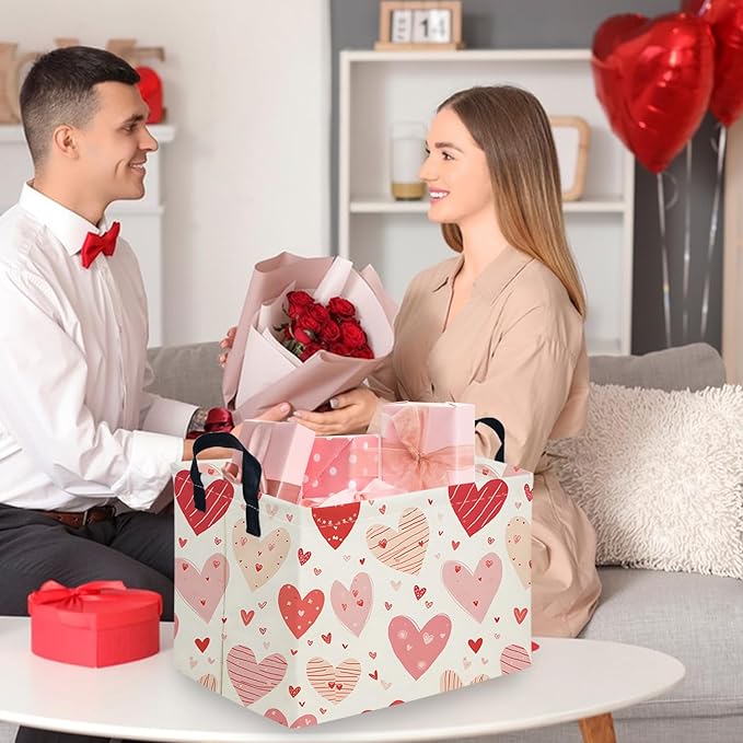 FXOCSHE Rectangular Pink Valentine's Day Gift Basket,nursery basket,Pink girls gift baskets,kids toy storage Bin, Love Heart Room Decor for Home,Shelf Baskets(Shaped lines Heart)
