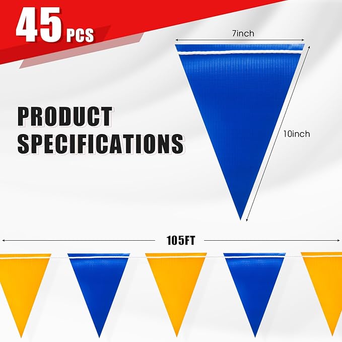 Warning Safety Pennant Banner Flags – Multipurpose 105FT OSHA Bright BLUE/YELLOW Triangle Flags for Construction,Outdoor & Event Hazard Precaution(BLUE+YELLOW,45pcs,105FT)