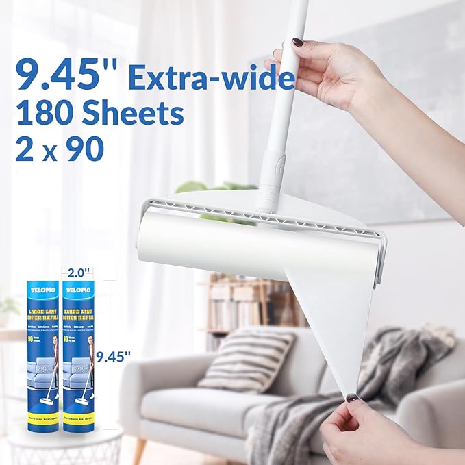 DELOMO Large Lint Roller Refills (2 Pack, 180 Sheets) – Compatible Only with DELOMO 9.45 in Floor Lint Roller – Extra Sticky Floor Lint Roller Refill for Carpets, Cars, Clothing & Pet Hair