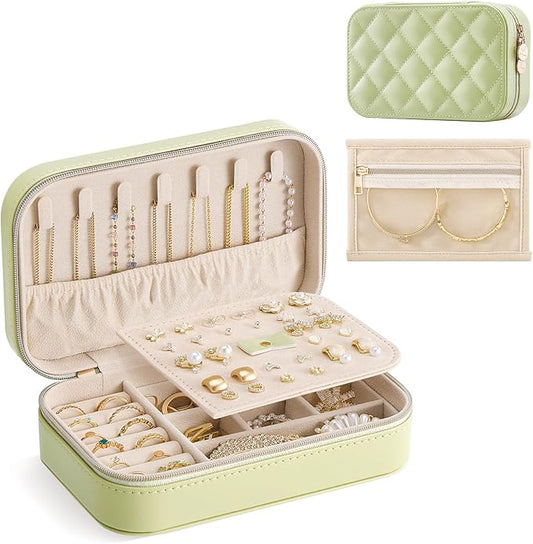 Lolalet Travel Jewelry Case for Women Girls, Travel Jewelry Organizer with Clear Storage Bag Small Portable Jewelry Box for Necklace Bracelet Earring Ring Valentines Bridesmaid Gifts -Medium/Green