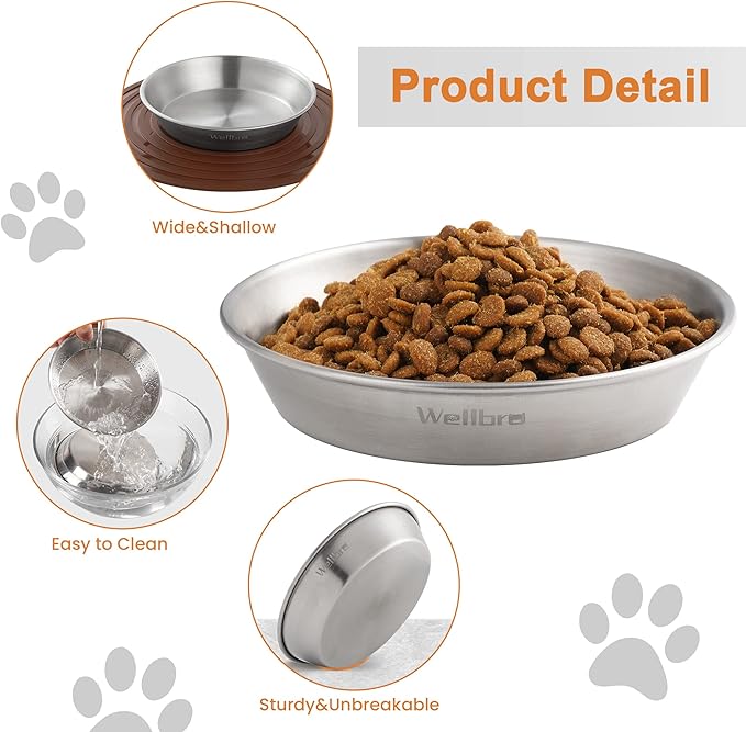 Wellbro Cat Food Bowls, 2 Pcs Stainless Steel Cat Food and Water Bowls, Whisker Fatigue Shallow Cat Dishes, Small Dog Puppies Fat Faced Cat Kitten Supplies