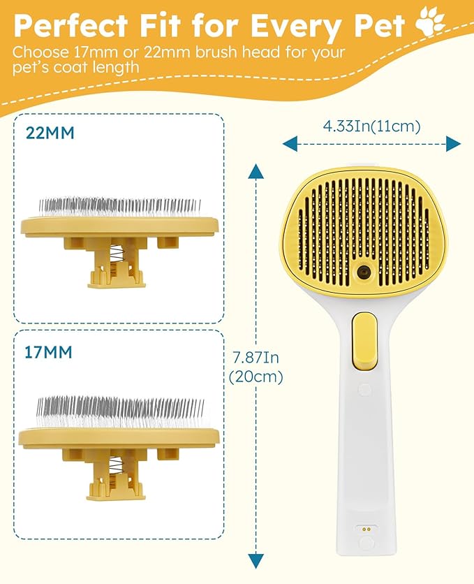 3-in-1 Anti-static Cat Steam Brush & Deshedding Tool - Cat Brush for Long/Short Hair, Reduces 95% Shedding, Easy Clean Grooming Supplies for Pet Owners (Yellow - Short Head and Long Head)