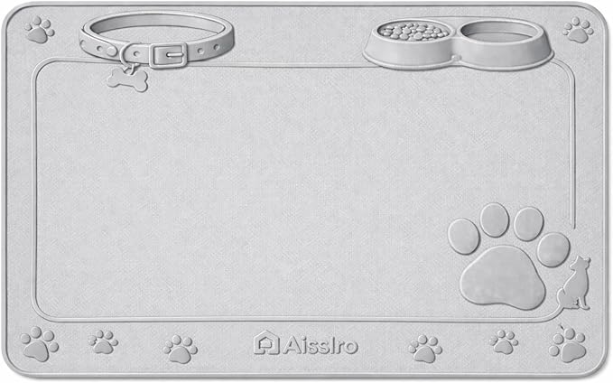 Aisslro Pet Feeding Mat, 31”x21” Absorbent Pet Placemat for Food and Water Bowl, Non-Slip Silicone, Leak-Proof Floor Protection for Quick Dry Water Dispenser Mat for Dog and Cat, Grey