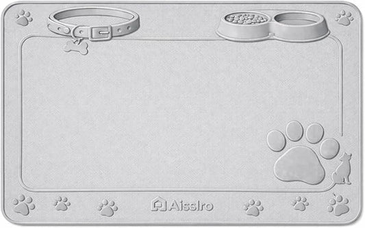 Aisslro Pet Feeding Mat, 31”x21” Absorbent Pet Placemat for Food and Water Bowl, Non-Slip Silicone, Leak-Proof Floor Protection for Quick Dry Water Dispenser Mat for Dog and Cat, Grey