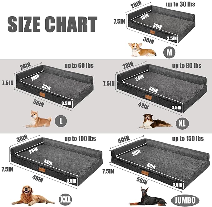 Patas Lague Orthopedic XL Dog Bed Large Sized Dog 48''X30'', Waterproof L Bolster Big Large Pet Sofa Beds with Removable Washable Cover, Soft Pet Couch Crate Mat with Nonskid Bottom, Dark Grey