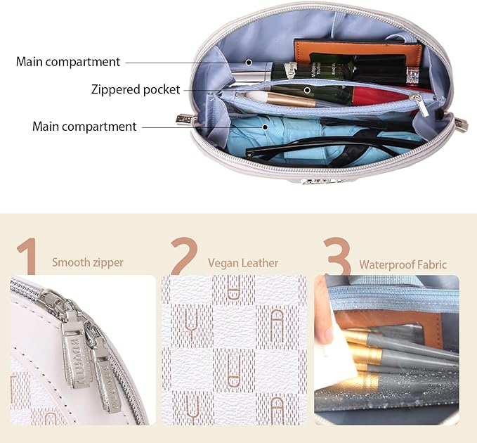 BOYATU Small Travel Makeup Bag for Women: Elegant Vegan Leather Cosmetic Pouch for Purse - Waterproof Toiletry Bag with Mirror(024-White)