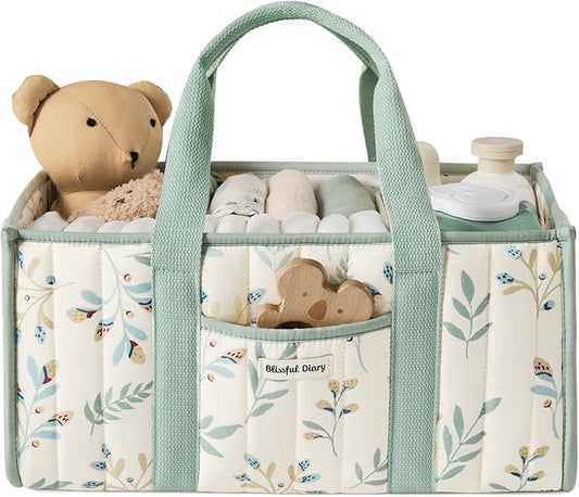 Blissful Diary Leaf Diaper Caddy Organizer, Stylish Nursery Storage Basket, Gift for Baby Shower, Newborn Essentials, Sage Leaf
