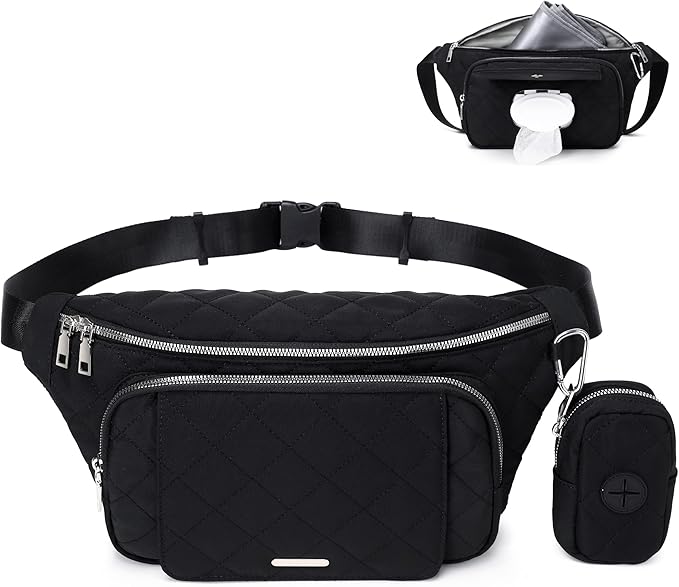 MYHOZEE Small Diaper Bag Fanny Pack - Baby Bag with Waterproof Changing Pad and Wipes Dispenser Quilted Nylon Crossbody Bags for Mom Baby Compact Diaper Purse Cross Body Purses