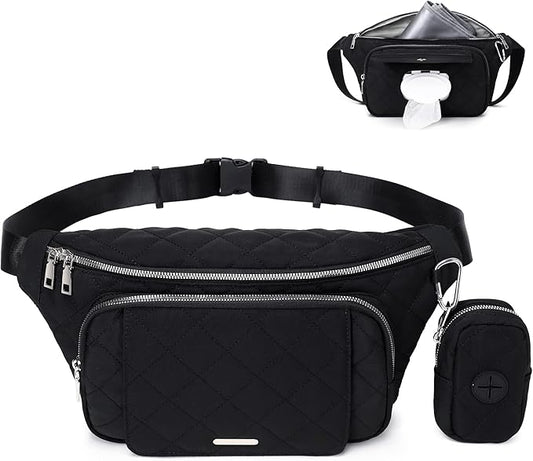 MYHOZEE Small Diaper Bag Fanny Pack - Baby Bag with Waterproof Changing Pad and Wipes Dispenser Quilted Nylon Crossbody Bags for Mom Baby Compact Diaper Purse Cross Body Purses