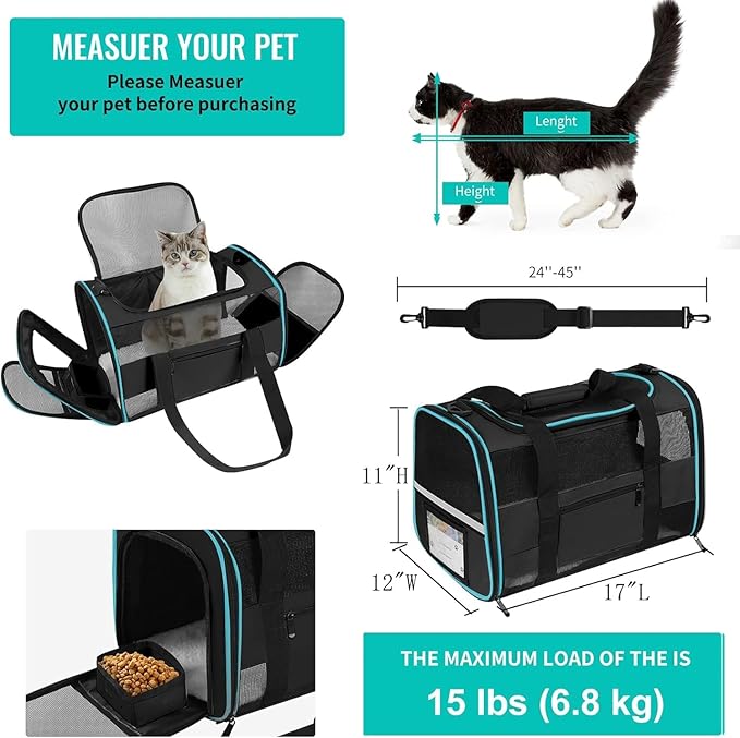 17" Soft-Sided Pet Travel Carrier for Cats and Small Dogs, Airline - Approved, Travel Tote with Mesh Windows, Foldable Bowl, Shoulder Strap, Black