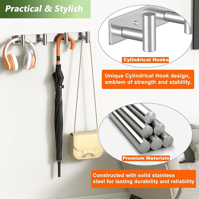 VINHOLD Wall Mounted Coat Rack-4 Hooks, Heavy Duty Stainless Steel Wall Hooks for Towel Coat Bag, Hat Rack Coat Hanger Coat Hooks Towel Racks for Bathroom Entryway Kitchen Hotel (Silvery, 1 Pack)