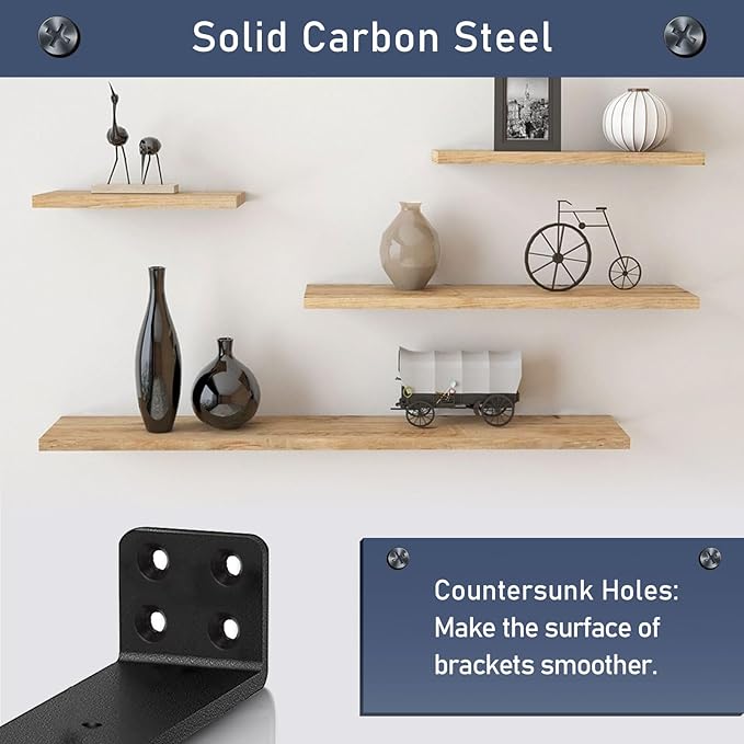 MLOQI 6 Pack Black Heavy Duty Shelf Brackets, Brackets for Wood Shelve, 5mm Thick Floating Shelf Bracket Up to 50KG Capacity (6Inch)